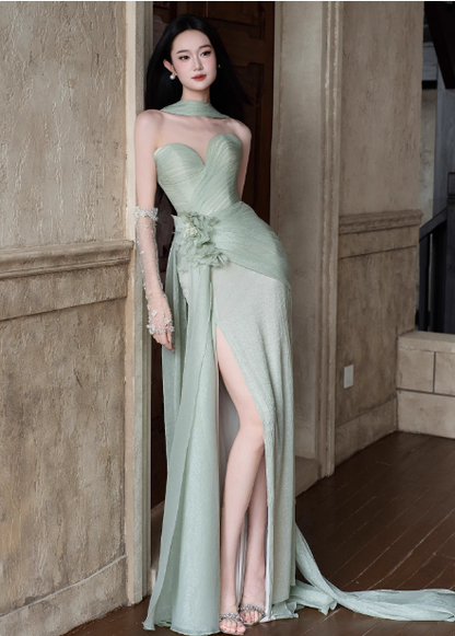Elegantes helles mintgrünes Sweetheart-Hals-3D-Blumenkleid mit Schlitz aus Chiffon für den Abschlussball, Abendkleid P4446