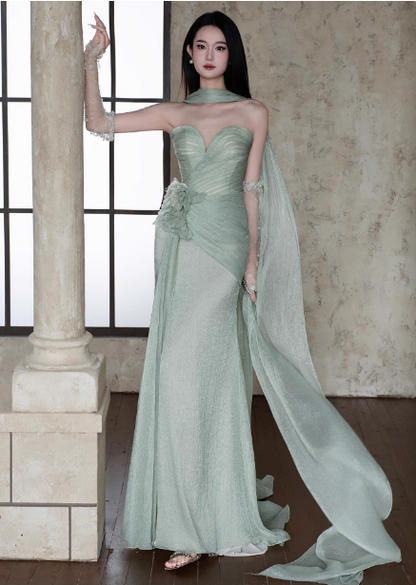 Elegantes helles mintgrünes Sweetheart-Hals-3D-Blumenkleid mit Schlitz aus Chiffon für den Abschlussball, Abendkleid P4446