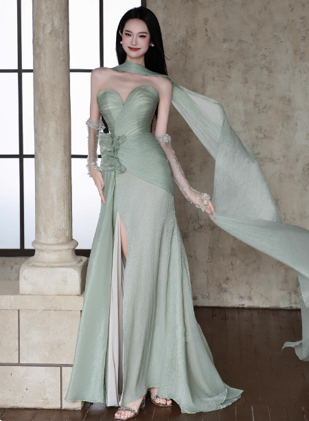 Elegantes helles mintgrünes Sweetheart-Hals-3D-Blumenkleid mit Schlitz aus Chiffon für den Abschlussball, Abendkleid P4446