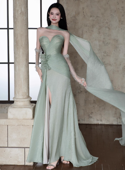 Elegantes helles mintgrünes Sweetheart-Hals-3D-Blumenkleid mit Schlitz aus Chiffon für den Abschlussball, Abendkleid P4446