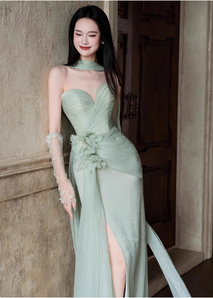 Elegantes helles mintgrünes Sweetheart-Hals-3D-Blumenkleid mit Schlitz aus Chiffon für den Abschlussball, Abendkleid P4446