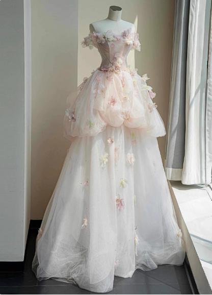 Robe de soirée longue en tulle fleuri 3D rose-blanc vaporeux à épaules dénudées, robe de bal pour jeune fille de 16 ans P4447