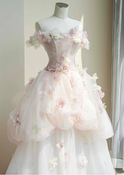 Robe de soirée longue en tulle fleuri 3D rose-blanc vaporeux à épaules dénudées, robe de bal pour jeune fille de 16 ans P4447