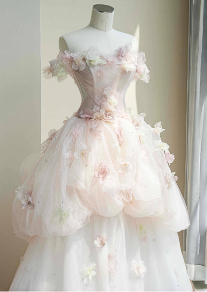 Robe de soirée longue en tulle fleuri 3D rose-blanc vaporeux à épaules dénudées, robe de bal pour jeune fille de 16 ans P4447