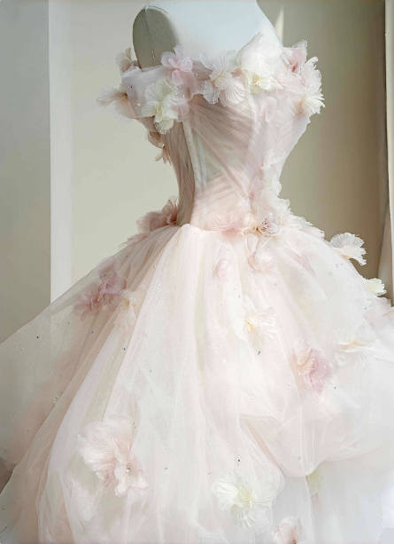 Robe de soirée longue en tulle fleuri 3D rose-blanc vaporeux à épaules dénudées, robe de bal pour jeune fille de 16 ans P4447