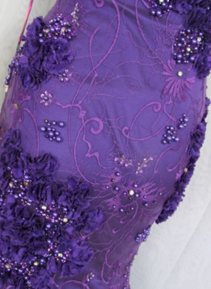 Vintage Neckholder Meerjungfrau Trägerloses 3D Blumen Perlen Tüll Langes Ballkleid Abendkleid P4448