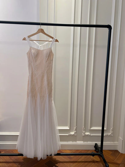 Elegantes A-Linien-Träger-Perlen-Tüll-langes Ballkleid Abendkleid P4045