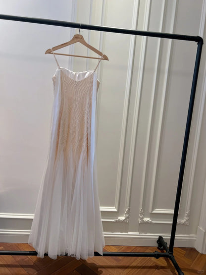 Elegantes A-Linien-Träger-Perlen-Tüll-langes Ballkleid Abendkleid P4045