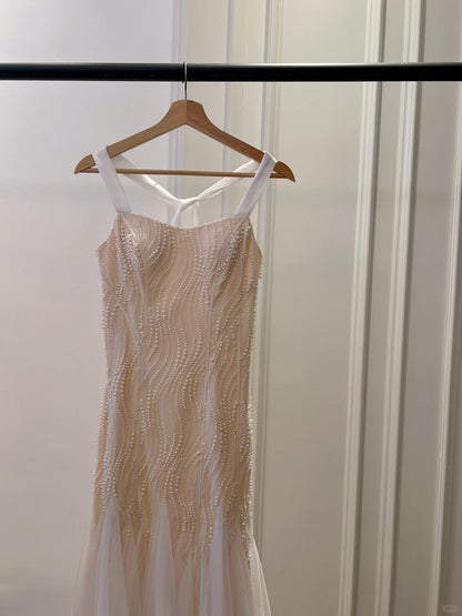 Elegantes A-Linien-Träger-Perlen-Tüll-langes Ballkleid Abendkleid P4045