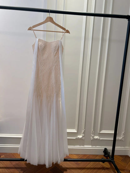 Elegantes A-Linien-Träger-Perlen-Tüll-langes Ballkleid Abendkleid P4045