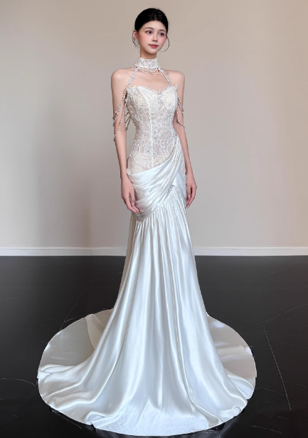 Elegant White Mermaid Halter Neck Lace Satin Train Wedding Dress P4450