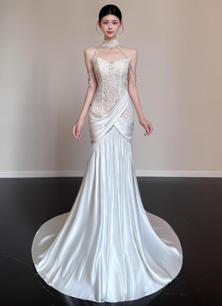 Elegant White Mermaid Halter Neck Lace Satin Train Wedding Dress P4450