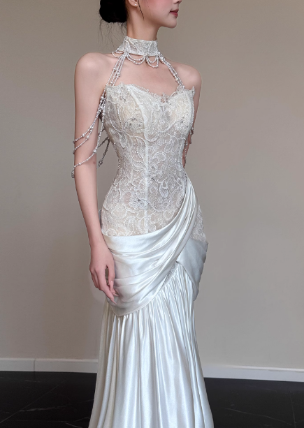 Elegant White Mermaid Halter Neck Lace Satin Train Wedding Dress P4450