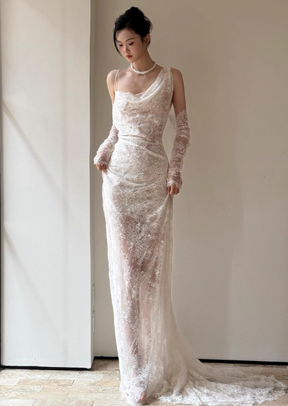 Elegant White Strappy Backless Lace Train Wedding Dress P4453 PreppyDress Elegant White Strappy Backless Lace Train Wedding Dress P4453 PreppyDress