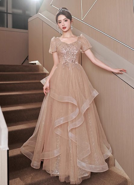 Prinzessin Süßer Champagner Nude A-Linie Puff Kurzarm Mehrlagiger Tüll Langes Ballkleid Abendkleid P4454