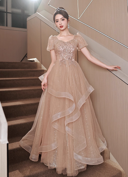 Prinzessin Süßer Champagner Nude A-Linie Puff Kurzarm Mehrlagiger Tüll Langes Ballkleid Abendkleid P4454
