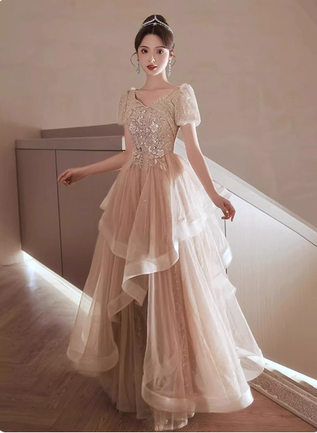 Prinzessin Süßer Champagner Nude A-Linie Puff Kurzarm Mehrlagiger Tüll Langes Ballkleid Abendkleid P4454