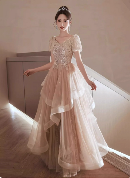 Prinzessin Süßer Champagner Nude A-Linie Puff Kurzarm Mehrlagiger Tüll Langes Ballkleid Abendkleid P4454