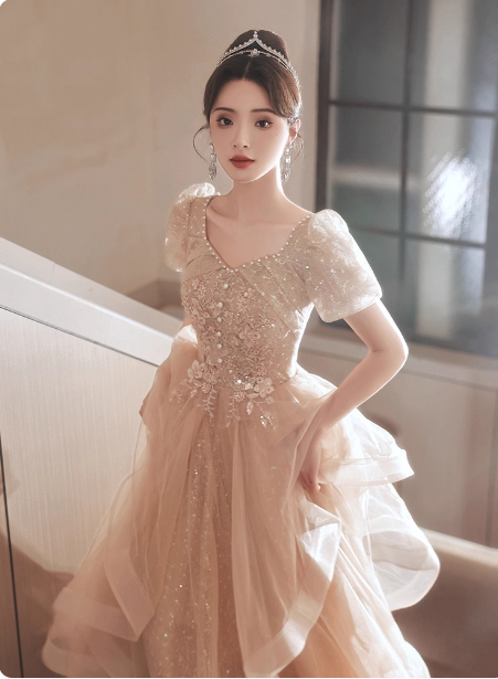 Prinzessin Süßer Champagner Nude A-Linie Puff Kurzarm Mehrlagiger Tüll Langes Ballkleid Abendkleid P4454