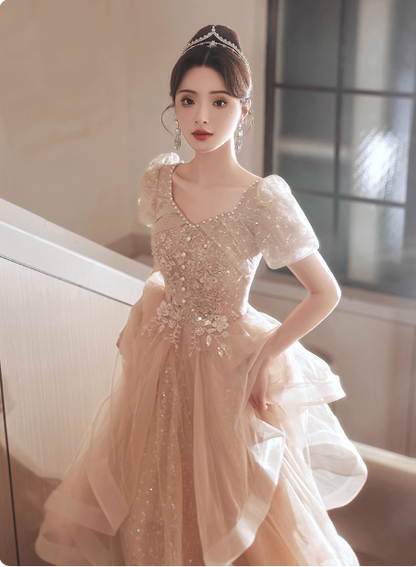 Prinzessin Süßer Champagner Nude A-Linie Puff Kurzarm Mehrlagiger Tüll Langes Ballkleid Abendkleid P4454