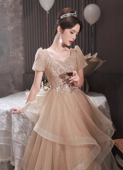 Prinzessin Süßer Champagner Nude A-Linie Puff Kurzarm Mehrlagiger Tüll Langes Ballkleid Abendkleid P4454
