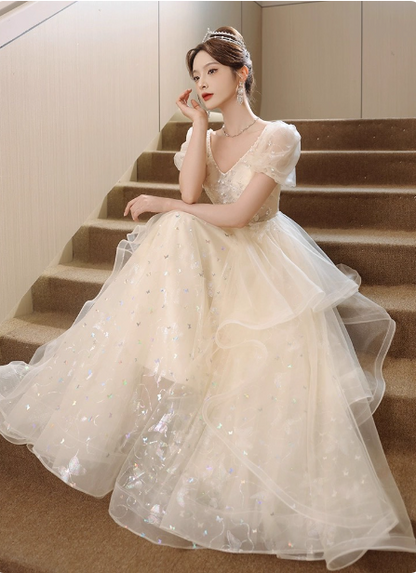 Süße Milch Aprikose A-Linie Puff Kurzarm Tüll Langes Ballkleid Abendkleid P4455