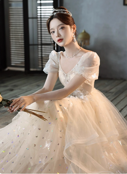 Süße Milch Aprikose A-Linie Puff Kurzarm Tüll Langes Ballkleid Abendkleid P4455