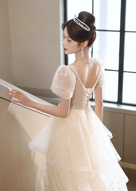 Süße Milch Aprikose A-Linie Puff Kurzarm Tüll Langes Ballkleid Abendkleid P4455
