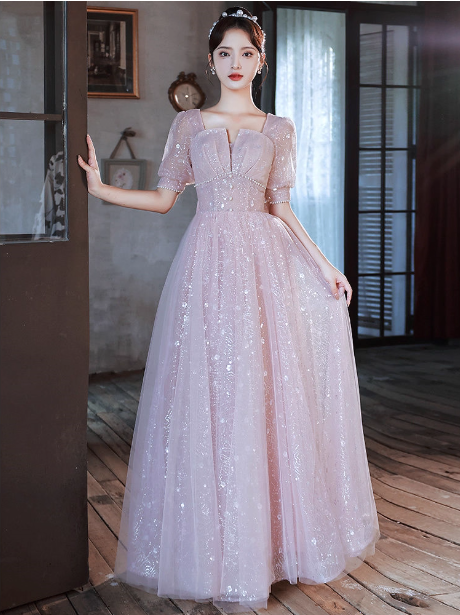 Prinzessin A-Linie Prinzessin Quadratischer Ausschnitt Puff Kurzarm Schleife Tüll Langes Ballkleid Abendkleid P4456