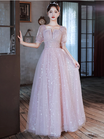 Prinzessin A-Linie Prinzessin Quadratischer Ausschnitt Puff Kurzarm Schleife Tüll Langes Ballkleid Abendkleid P4456