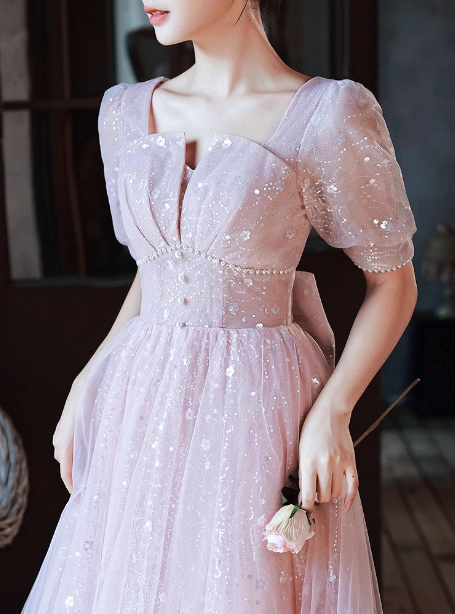 Prinzessin A-Linie Prinzessin Quadratischer Ausschnitt Puff Kurzarm Schleife Tüll Langes Ballkleid Abendkleid P4456