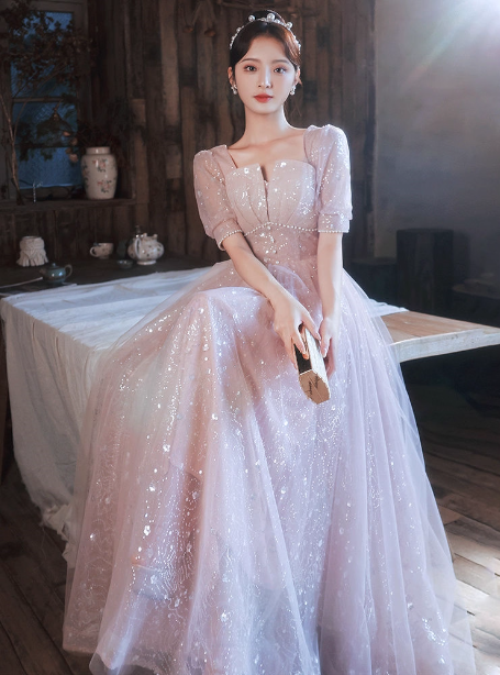 Prinzessin A-Linie Prinzessin Quadratischer Ausschnitt Puff Kurzarm Schleife Tüll Langes Ballkleid Abendkleid P4456
