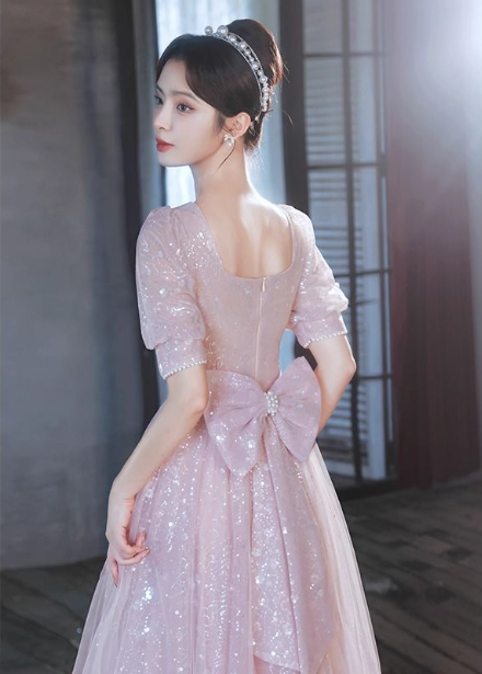 Prinzessin A-Linie Prinzessin Quadratischer Ausschnitt Puff Kurzarm Schleife Tüll Langes Ballkleid Abendkleid P4456