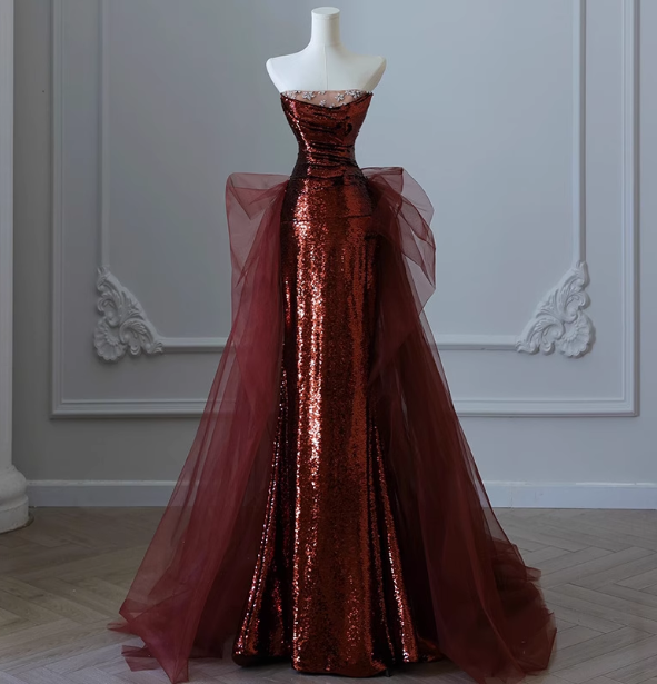 Vintage Burgund Meerjungfrau Trägerloses Tüll Pailletten Schleppe Ballkleid Abendkleid P4459