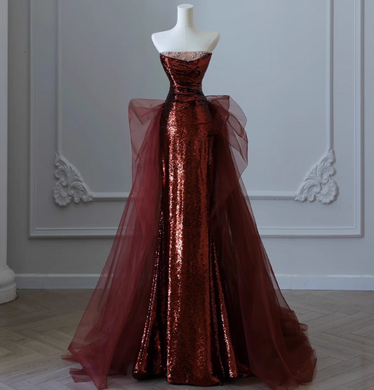 Robe de bal de soirée sirène vintage bordeaux sans bretelles en tulle à sequins traîne P4459