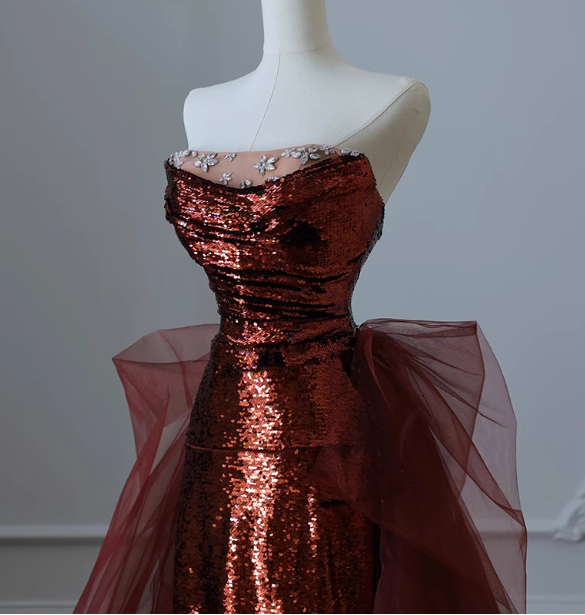Vintage Burgund Meerjungfrau Trägerloses Tüll Pailletten Schleppe Ballkleid Abendkleid P4459