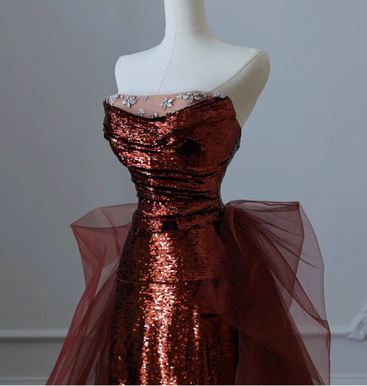 Robe de bal de soirée sirène vintage bordeaux sans bretelles en tulle à sequins traîne P4459