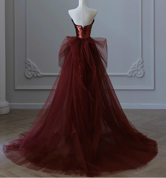 Vintage Burgundy Mermaid Strapless Tulle Sequined Train Prom Dress Eve – PreppyDress