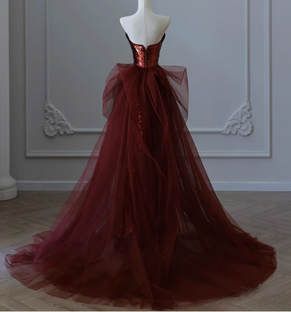 Vintage Burgund Meerjungfrau Trägerloses Tüll Pailletten Schleppe Ballkleid Abendkleid P4459