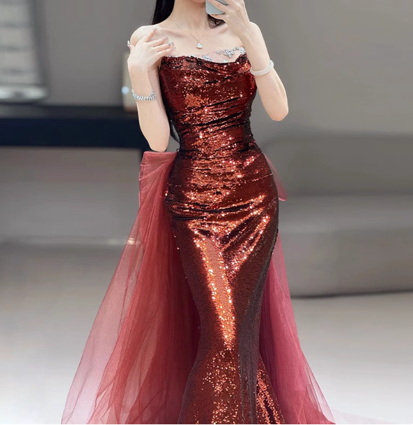 Vintage Burgund Meerjungfrau Trägerloses Tüll Pailletten Schleppe Ballkleid Abendkleid P4459