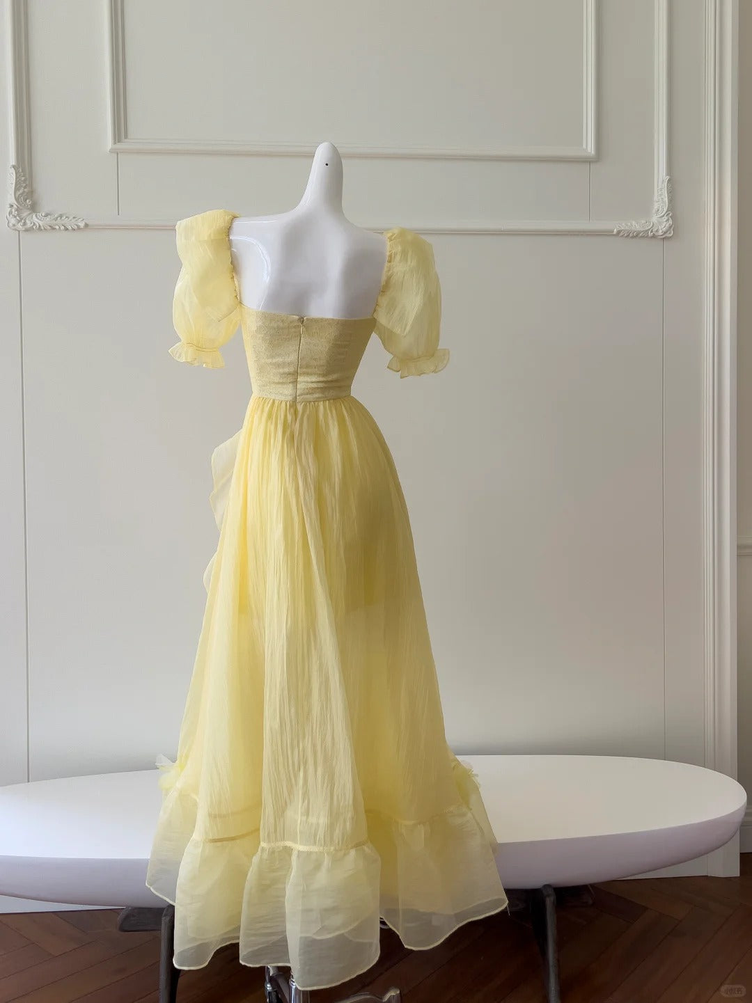 Sweet Yellow A-line Square Neck Puff Sleeve Lace Tulle Long Prom Dress P4046