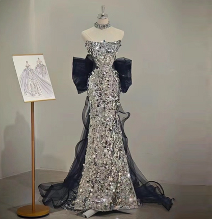 Wunderschönes silbernes Meerjungfrauen-Trägerkleid mit Schleife, Pailletten und Schleppe, Ballkleid Abendkleid P4460