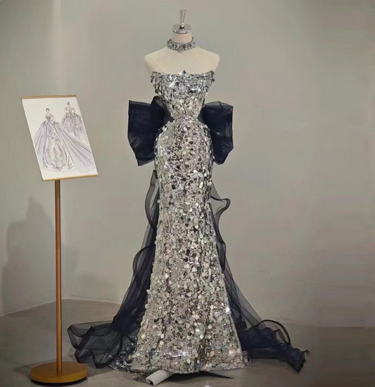 Wunderschönes silbernes Meerjungfrauen-Trägerkleid mit Schleife, Pailletten und Schleppe, Ballkleid Abendkleid P4460