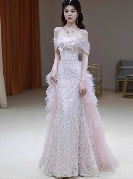 Elegantes hellrosa Meerjungfrau-Kleid mit Pailletten und Carmen-Ausschnitt, aus transparentem Tüll, langes Ballkleid, Abendkleid P4465