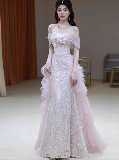 Elegantes hellrosa Meerjungfrau-Kleid mit Pailletten und Carmen-Ausschnitt, aus transparentem Tüll, langes Ballkleid, Abendkleid P4465