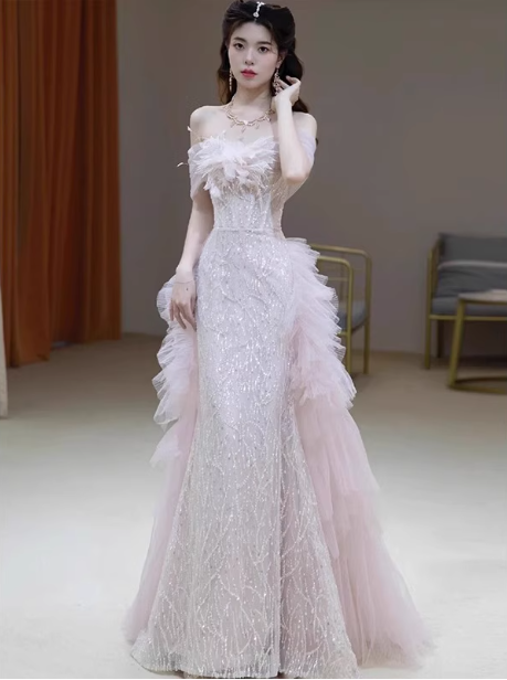 Elegantes hellrosa Meerjungfrau-Kleid mit Pailletten und Carmen-Ausschnitt, aus transparentem Tüll, langes Ballkleid, Abendkleid P4465