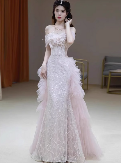 Elegantes hellrosa Meerjungfrau-Kleid mit Pailletten und Carmen-Ausschnitt, aus transparentem Tüll, langes Ballkleid, Abendkleid P4465