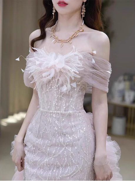 Elegantes hellrosa Meerjungfrau-Kleid mit Pailletten und Carmen-Ausschnitt, aus transparentem Tüll, langes Ballkleid, Abendkleid P4465