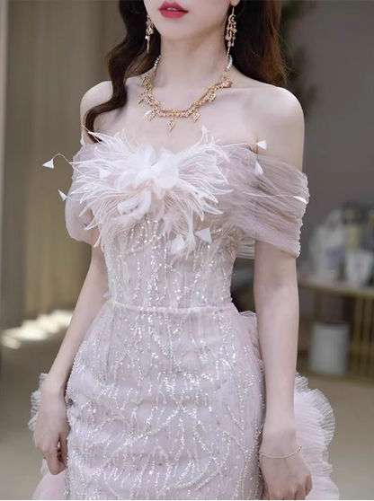 Elegantes hellrosa Meerjungfrau-Kleid mit Pailletten und Carmen-Ausschnitt, aus transparentem Tüll, langes Ballkleid, Abendkleid P4465
