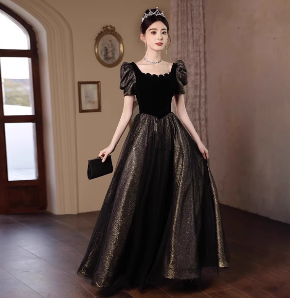 Vintage Schwarz & Gold A-Linie Quadratausschnitt Puffärmel Samt Gold Schimmer Tüll Langes Ballkleid Abendkleid P4469